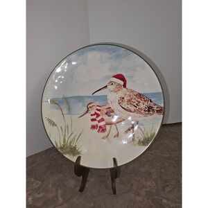 Pier 1 Imports Decorative Plate Beach Birds Santa Hat Scarf Coastal Holiday‎